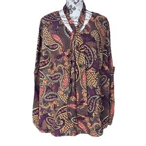 Jessica Simpson Mahogany Paisley Confetti Penelope Tie-Neck Long Sleeve Top 2X